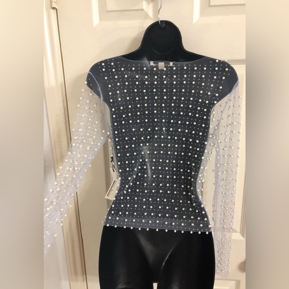 Cream Pearl Beaded rhinestone crystal sheer mesh long sleeve top size size Small - Picture 16 of 16